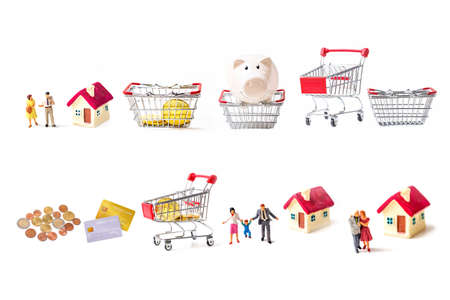 miniature family people with tiny home and shopping cart, basket isolate on white background.の写真素材