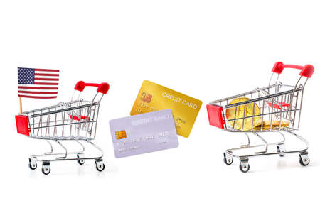 mock-up demo credit card  with shopping cart on white background.の写真素材