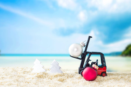 Christmas decoration on sand beach, image for Christmas holiday vacation concept.
