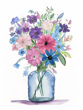 Bouquet of flowers in a glass vase. Watercolor illustration AI Generated.の素材