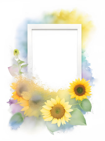 Sunflowers and white frame on abstract watercolor background with copy space. AI Generated.の素材