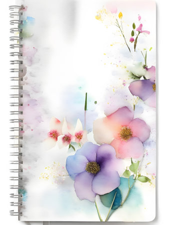 Watercolor illustration of an open notebook with flowers on a white background. AI Generated.の素材