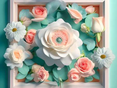 white and pink flowers in a frame on a blue background.  AI Generatedの素材