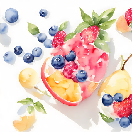 Creative food background. Strawberry, blueberry, cherry, pineapple, pear, ice cream and mint leaves.  AI Generatedの素材