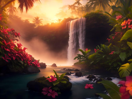 Tropical waterfall with red flowers in the jungle at sunset. AI Generated.の素材