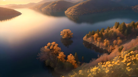 a beautiful autumn landscape with a lake and trees. AI Generated.の素材