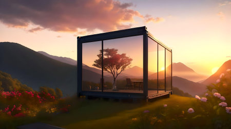 Balcony overlooking a valley with a beautiful sunset. AI Generated.の素材