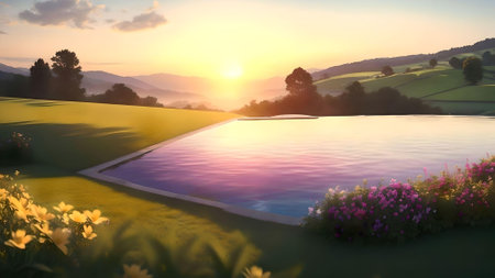 Sunset in the countryside with a swimming pool and flowers in the foreground. AI Generated.の素材