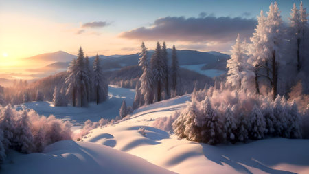 Winter landscape with snow covered trees and mountains at sunset, panorama. AI Generated.の素材