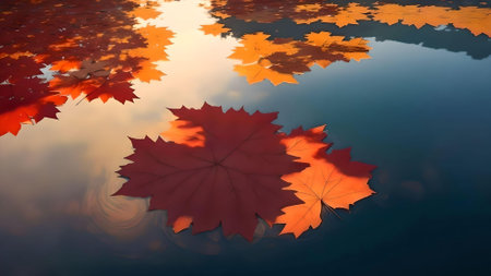 Autumn maple leaves reflected in the water. AI Generated.の素材