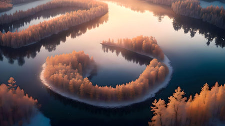 Winter lake with trees in the background and reflection. AI Generated.の素材