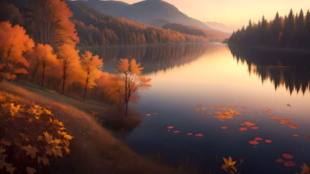 Beautiful autumn landscape with lake and colorful forest. AI Generated.の素材