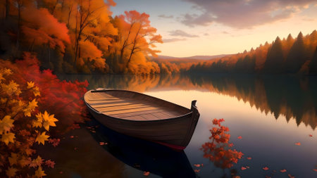 Autumn landscape with a wooden boat on the lake. AI Generated.の素材