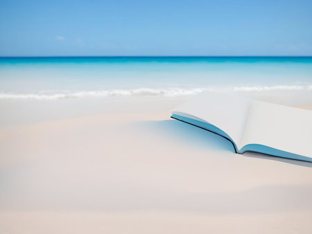 Blank book on the beach with blue sky and sea background. AI Generated.の素材