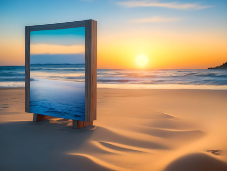 Blank mirror on the beach at sunset background. AI Generated.の素材