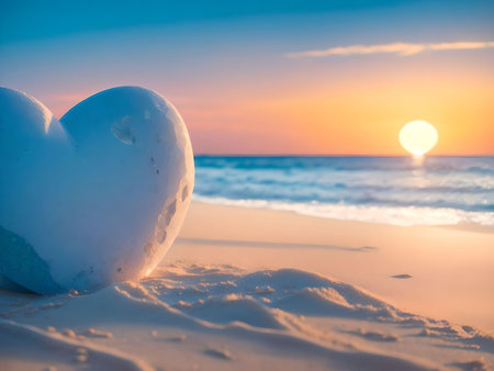 Heart shaped snow on the beach at sunset. AI Generated.の素材