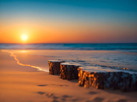 Beautiful sunset on the beach. Beautiful seascape with wooden pier. AI Generated.の素材