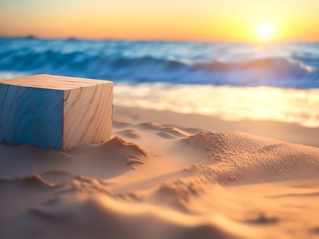 Wooden cube in the sand on the background of the sea and sunset. AI Generated.の素材