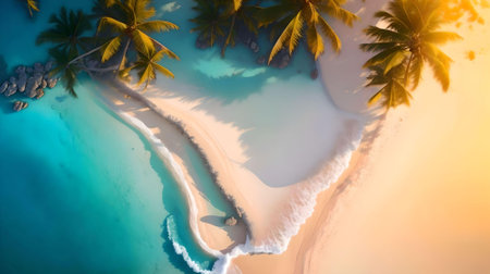 Tropical beach with palm trees at sunset. AI Generated.の素材