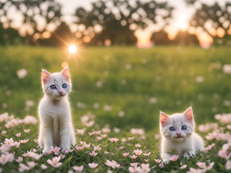 Cute little kittens sitting on flower meadow at sunset time. AI Generated.の素材