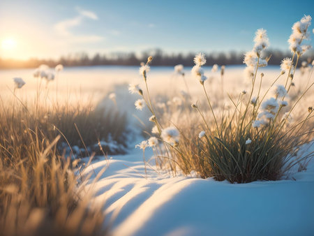 Winter landscape with snow covered grass and sunset in the background. Soft focus. AI Generated.の素材