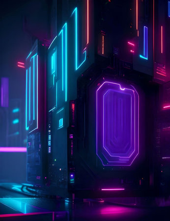server room with neon lights in the background. AI Generated.の素材