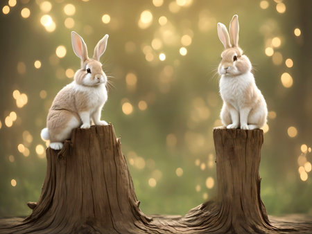 Two Easter bunnies or rabbit sitting on a stump with bokeh background. AI Generated.の素材