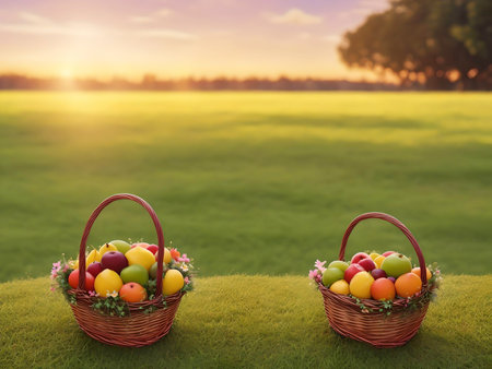 Easter basket full of colorful eggs on green grass with tree background. AI Generated.の素材