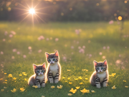 Three kittens sitting on green grass with yellow flowers in the sunlight. AI Generated.の素材