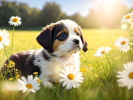 Cute puppy with daisies in the field on sunny day. AI Generated.の素材