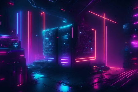 Futuristic server room with glowing neon lights,  AI Generated.の素材