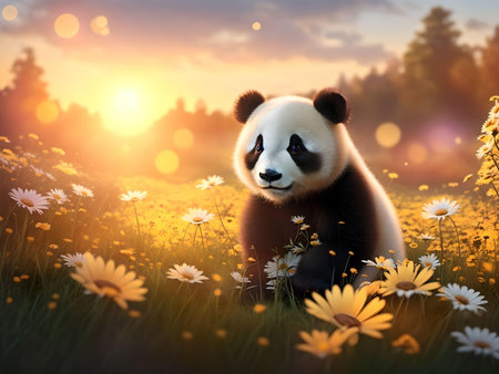 Panda on the flower meadow at sunset. AI Generated.の素材