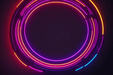 Neon circle frame on dark background. AI Generated.の素材