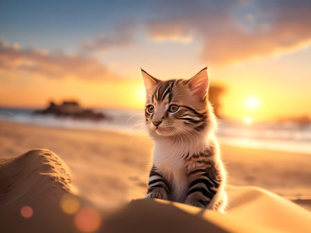 Cute tabby kitten sitting on the beach at sunset. Animal portrait. AI Generated.の素材