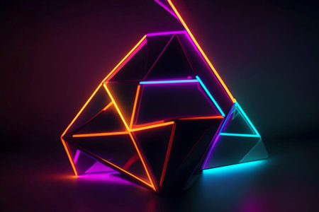 abstract geometric shapes in neon light on dark background . AI Generated.の素材