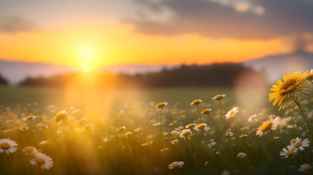 Sunset over a meadow with daisies in the foreground. AI Generated.の素材