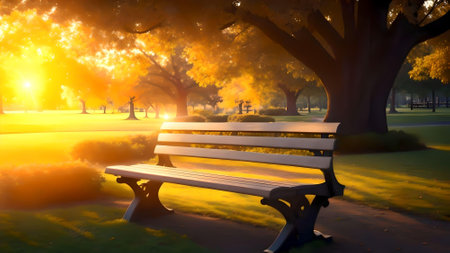 Bench in the autumn park at sunset. AI Generated.の素材