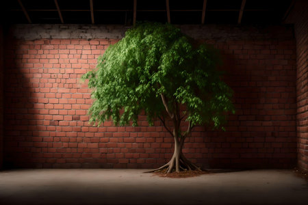 tree in front of a red brick wall. AI Generated.の素材
