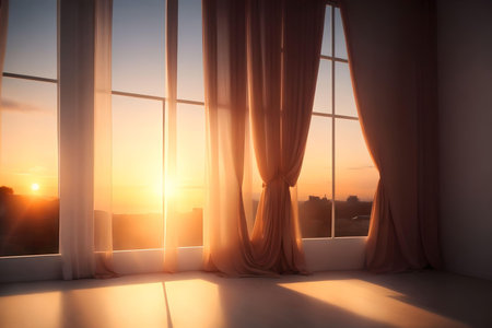 Sunset in the window with curtains and a view of the city. AI Generated.の素材