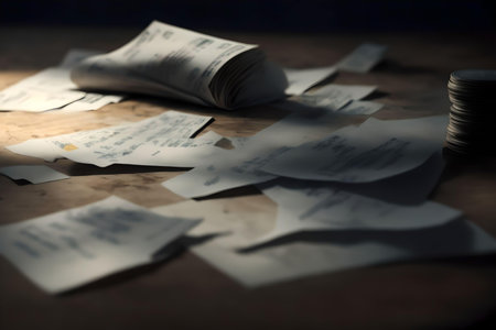 pieces of paper bill or recipe on a wooden table. shallow depth of field. AI Generated.の素材