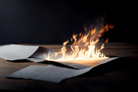 Burning candle and rolled paper on old wooden table. AI Generated.の素材