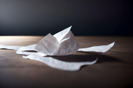 Crumpled paper  paper on a wooden table with a chair in the darken room background. AI Generated.の素材