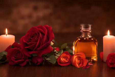 Aromatherapy oil with red roses and candles on wooden table. AI Generated.の素材