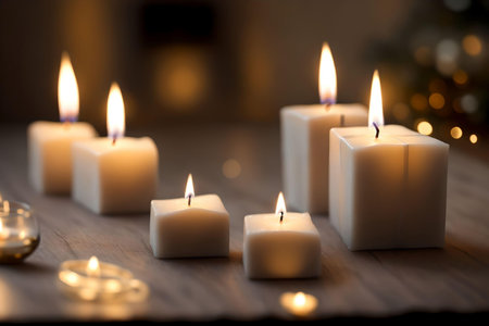 Burning candles on wooden over blurred bokeh background. AI Generated.の素材