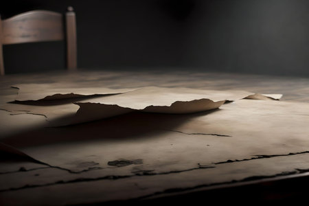 Crumpled paper  paper on a wooden table with a chair in the darken room background. AI Generated.の素材