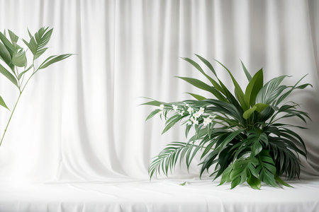 Green plant on white fabric background. AI Generated.の素材