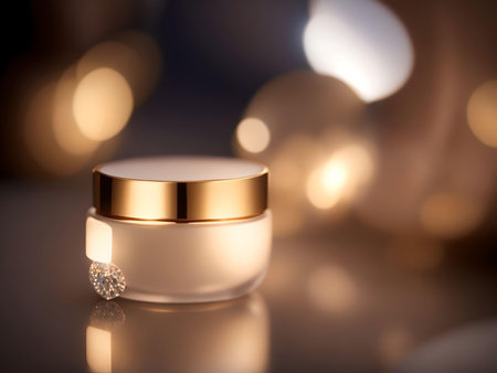 Luxury gold cream jar on bokeh background, AI Generated.の素材