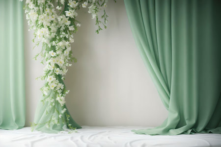 Wedding decoration with white flowers and green curtains backdrop design. AI Generated.の素材