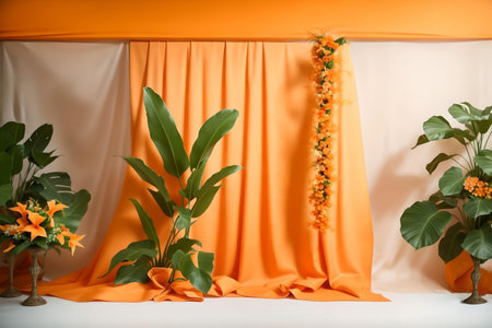 Flower arrangement on white table with orange curtain and green plant. AI Generated.の素材