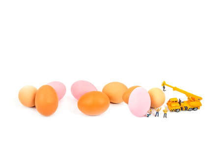 Miniature people worker with eggs on white background. Easter concept.の写真素材